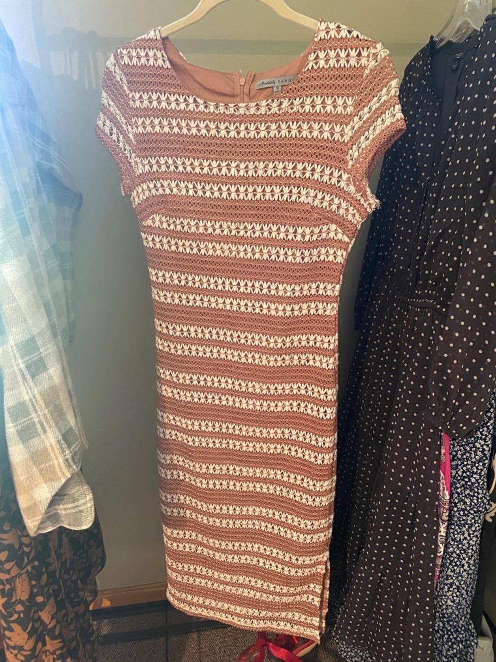 Tweed-Style Striped Knit Dress in Rust and White